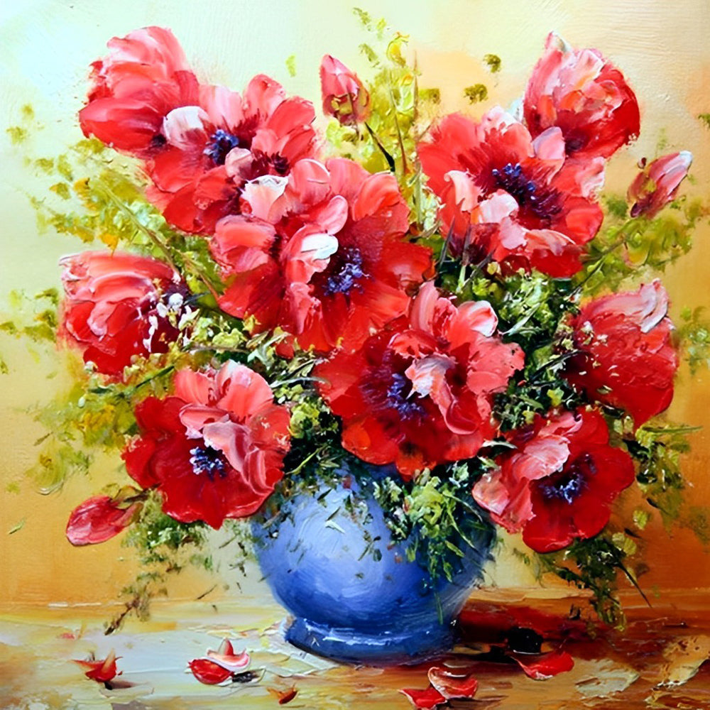 Rode Anemonen in een Blauwe Vaas Diamond Painting