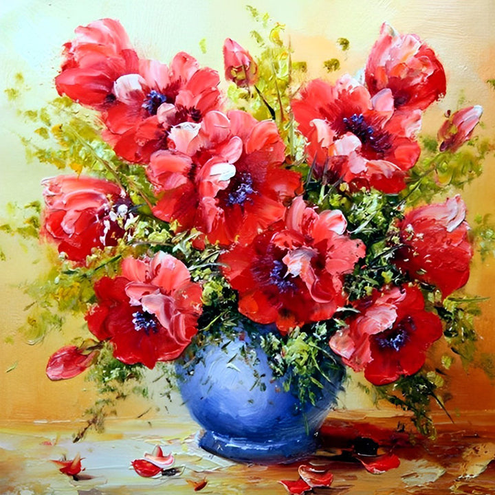 Rode Anemonen in een Blauwe Vaas Diamond Painting