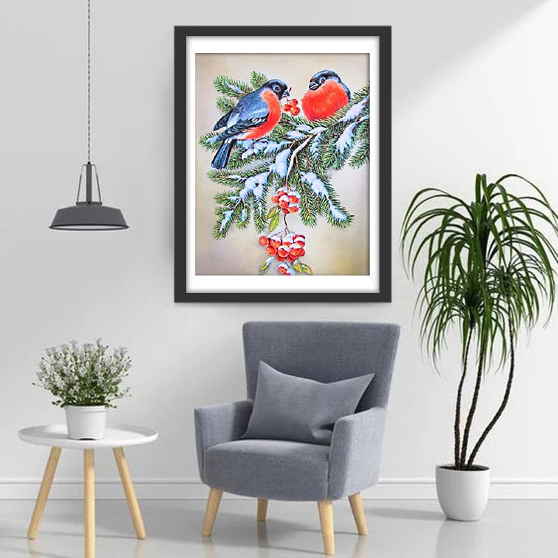Rode Bessen en Twee Vogels op een Spar Diamond Painting