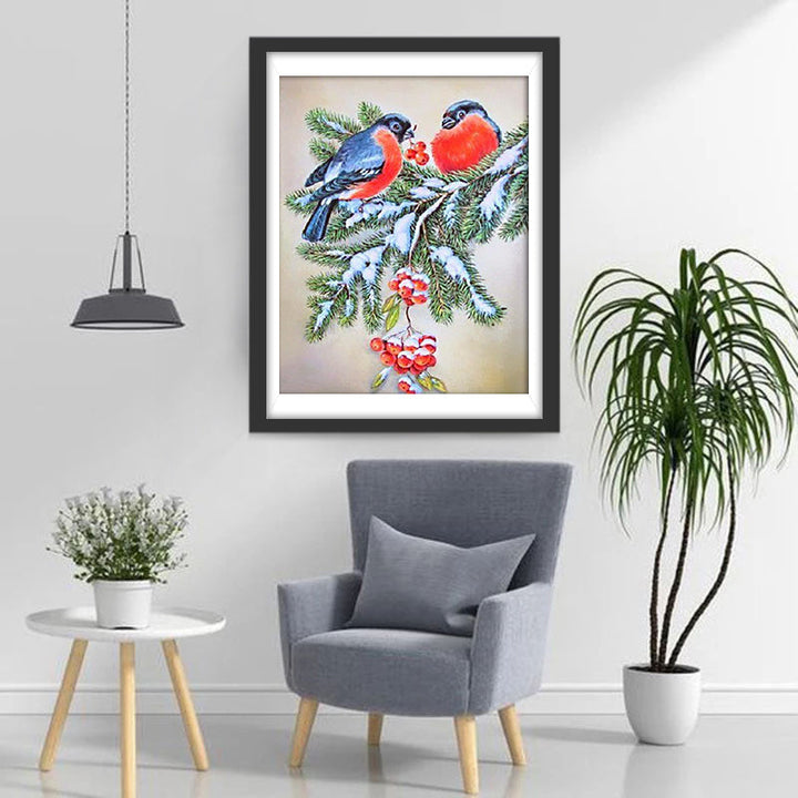 Rode Bessen en Twee Vogels op een Spar Diamond Painting