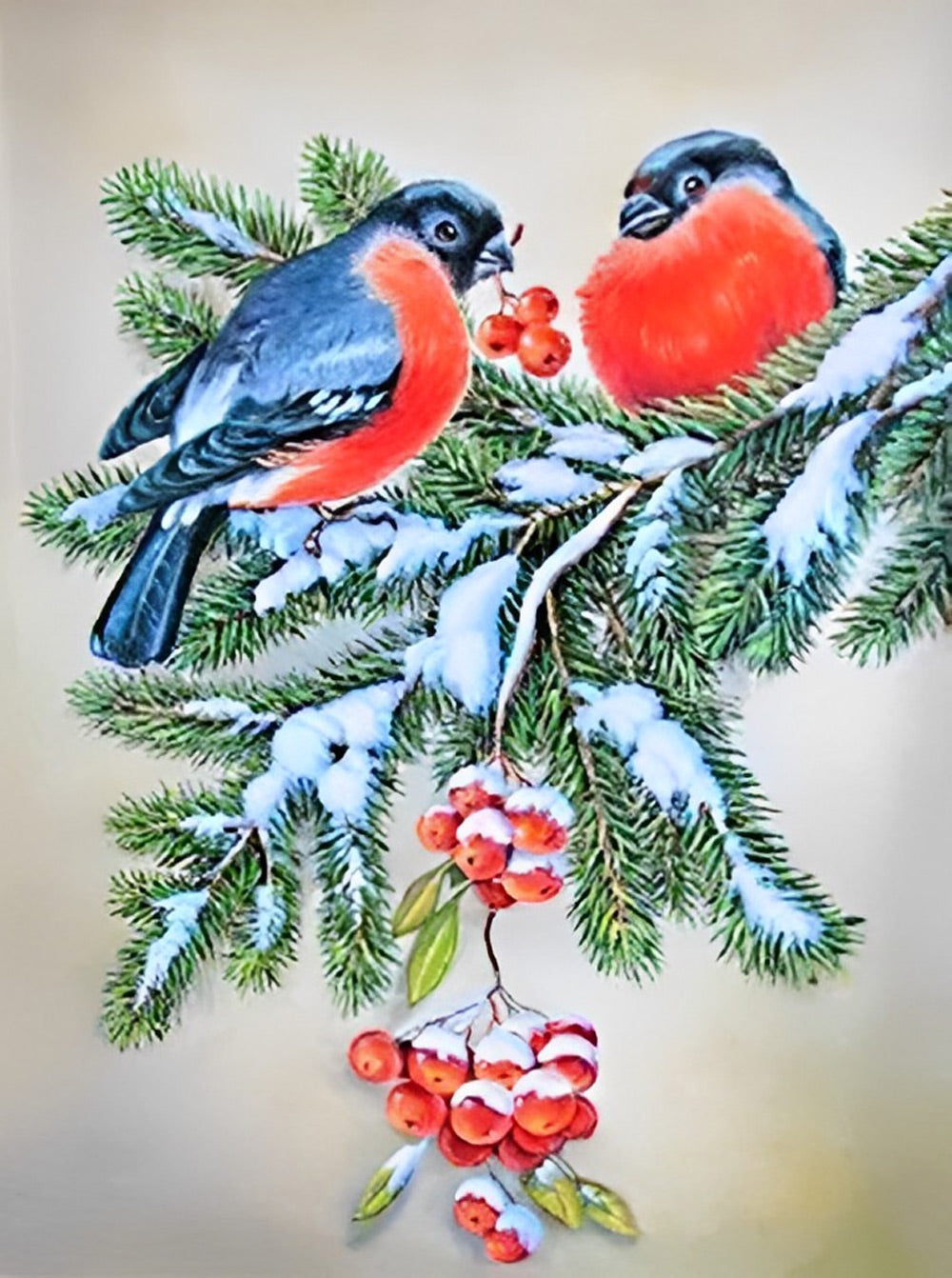 Rode Bessen en Twee Vogels op een Spar Diamond Painting