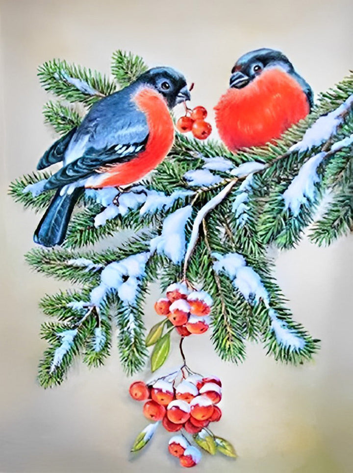 Rode Bessen en Twee Vogels op een Spar Diamond Painting