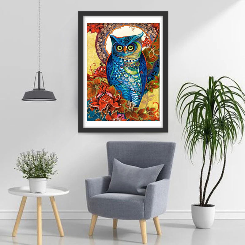 Rode Bloemen en Blauwe Uil Diamond Painting