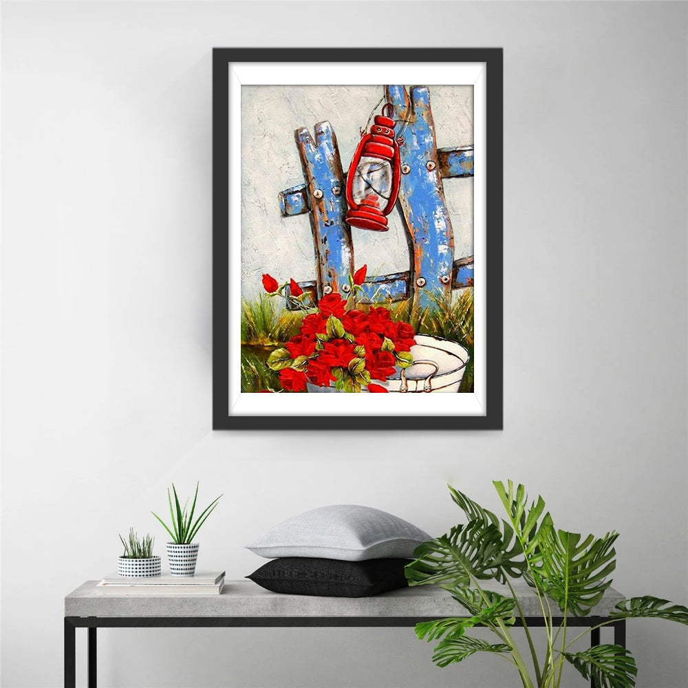Rode Bloemen en Lantaarn aan Houten Kruis Diamond Painting
