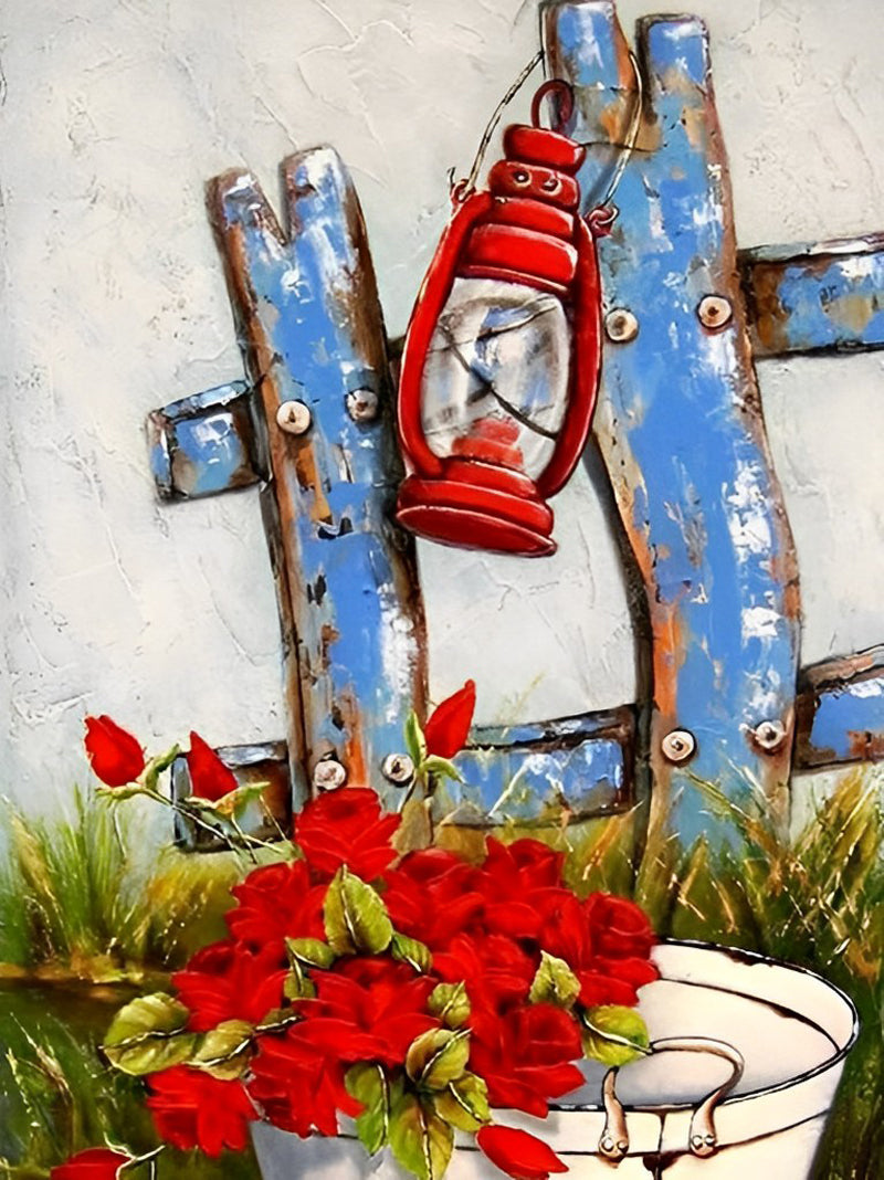 Rode Bloemen en Lantaarn aan Houten Kruis Diamond Painting
