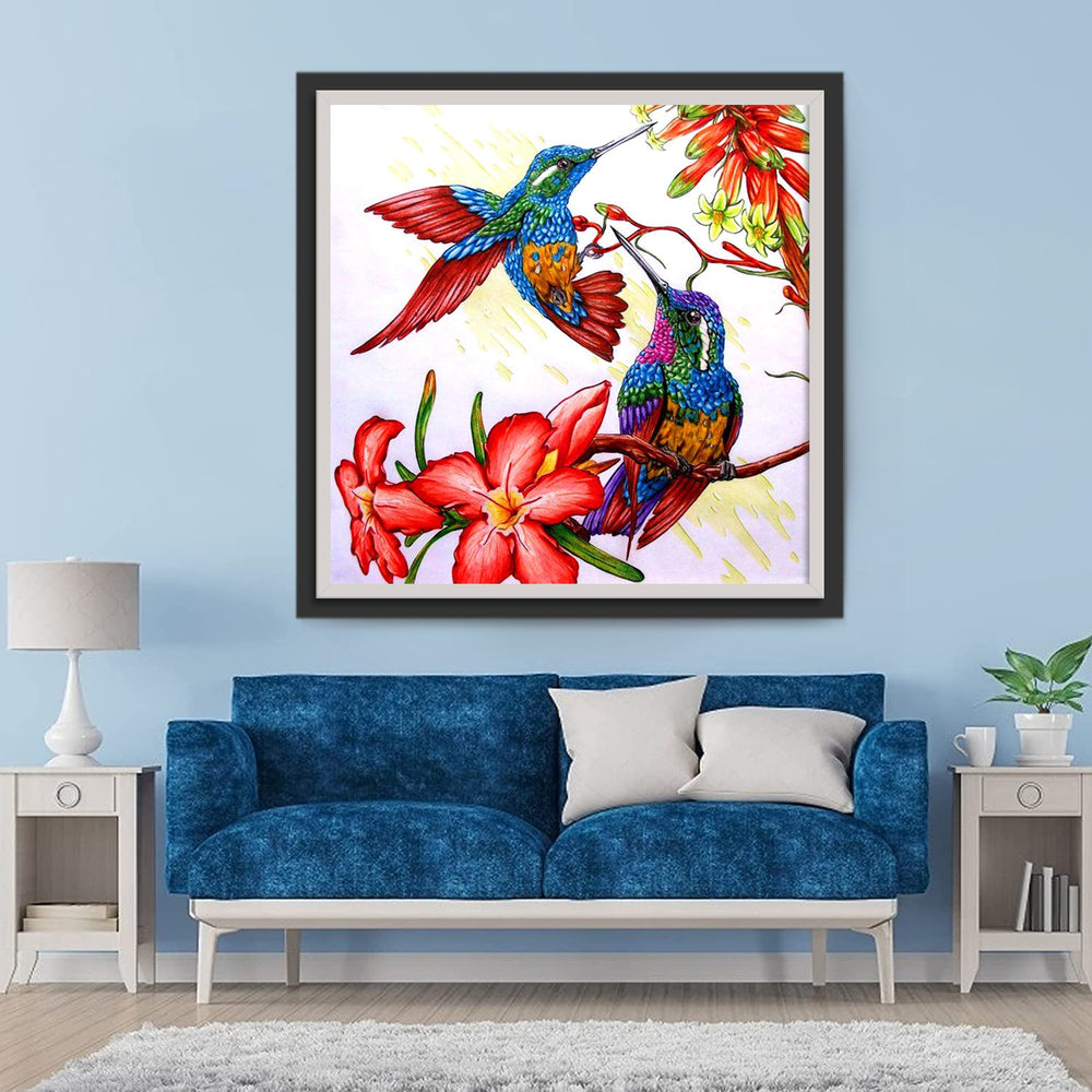Rode Bloemen en Twee Kleurrijke Vogels Diamond Painting