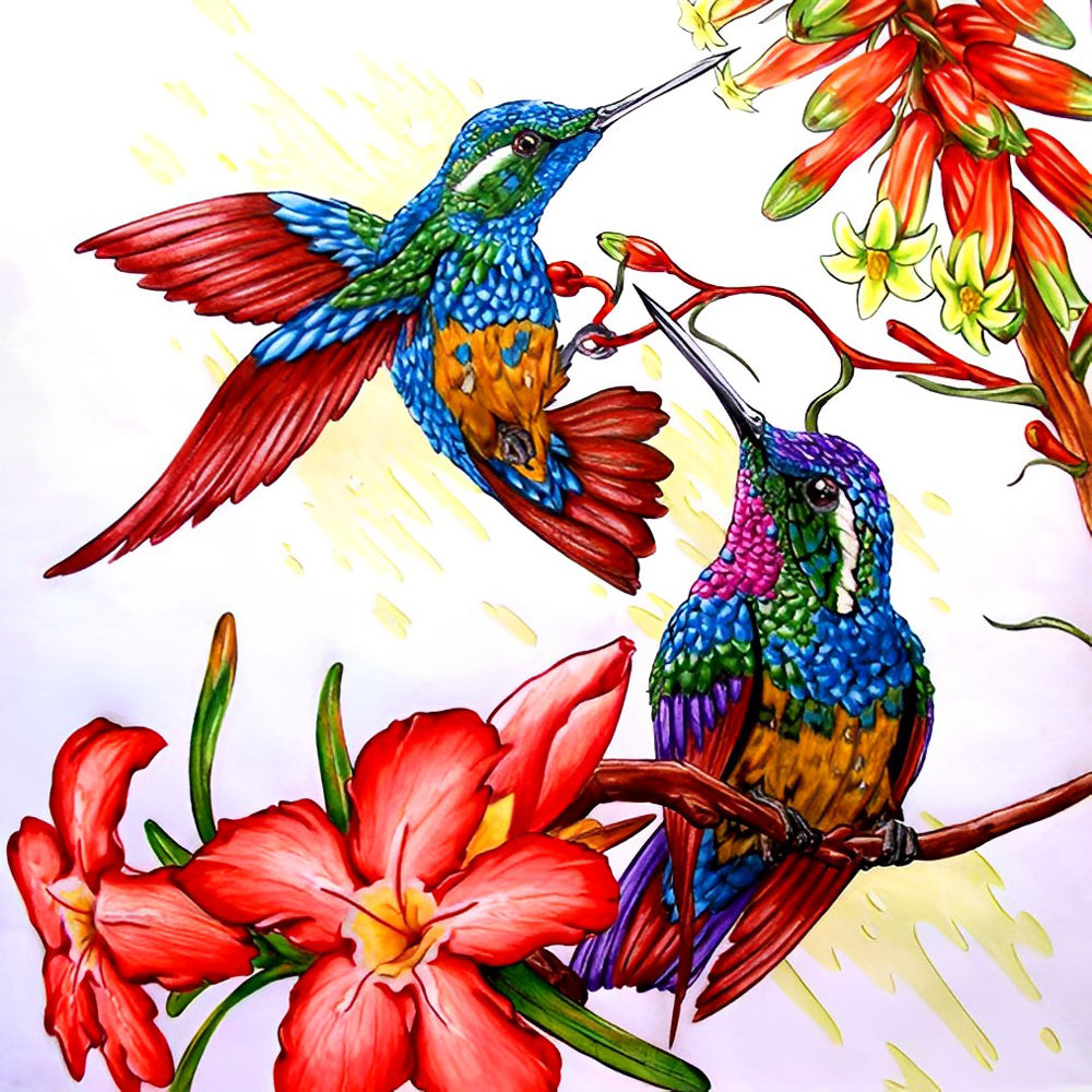 Rode Bloemen en Twee Kleurrijke Vogels Diamond Painting