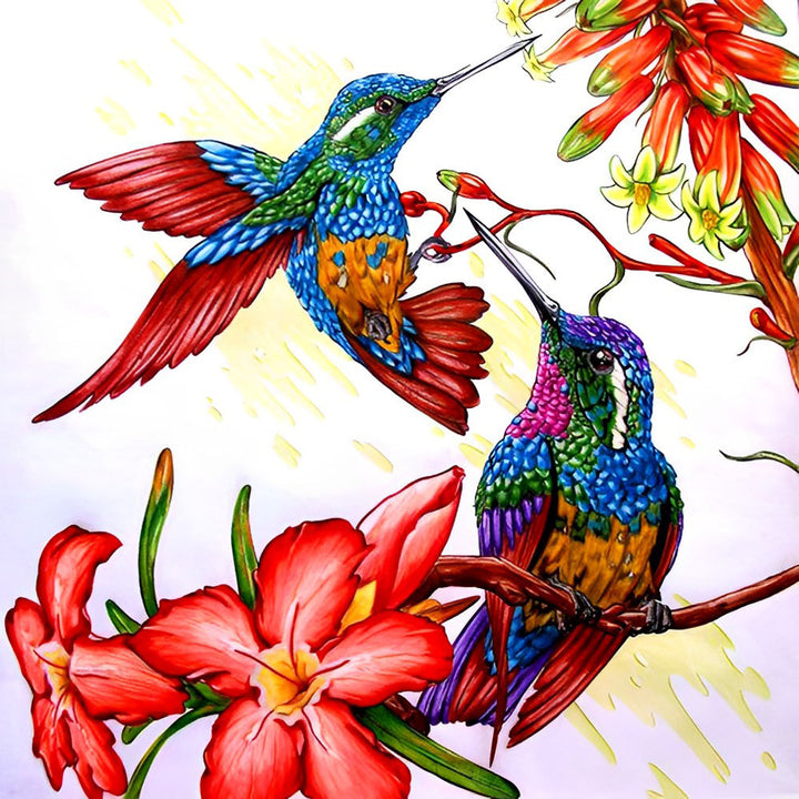 Rode Bloemen en Twee Kleurrijke Vogels Diamond Painting