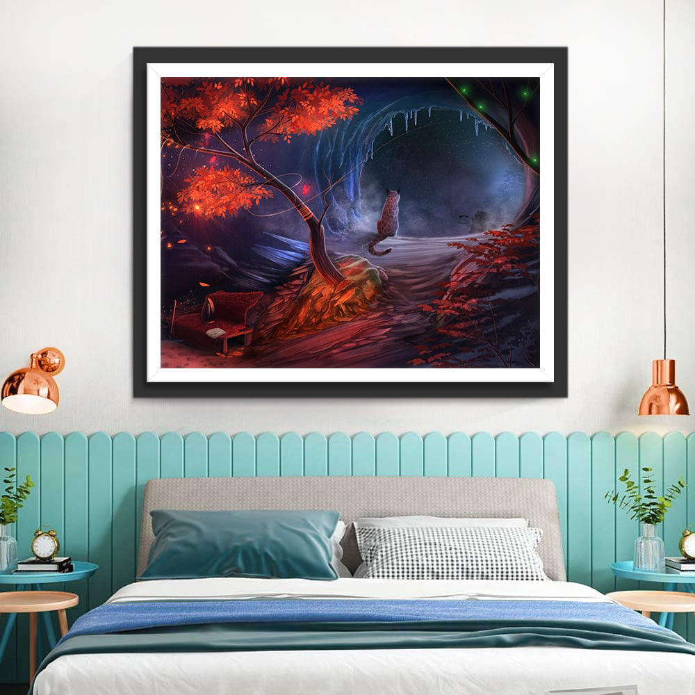 Rode Boom en Kat in een Grot Diamond Painting