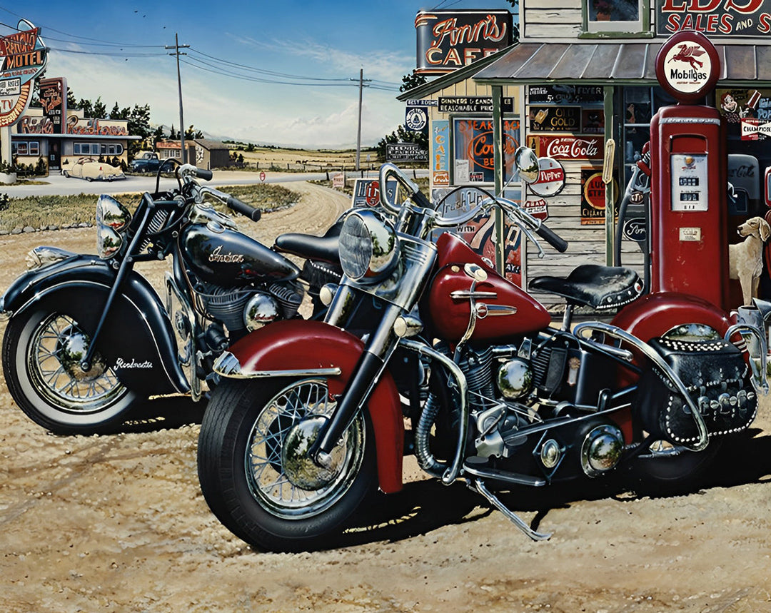 Rode en Zwarte Motorfietsen naast Vintage Tankstation Diamond Painting