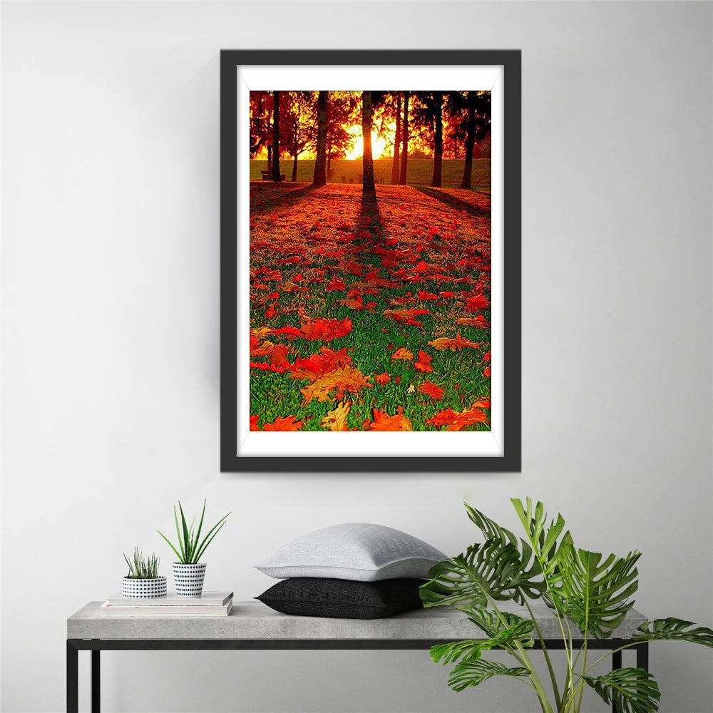 Rode Esdoornbladeren op de Weide in het Bos Diamond Painting