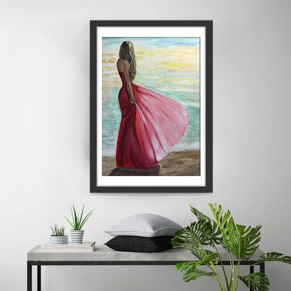 Rode Jurk Waait bij Zee Diamond Painting