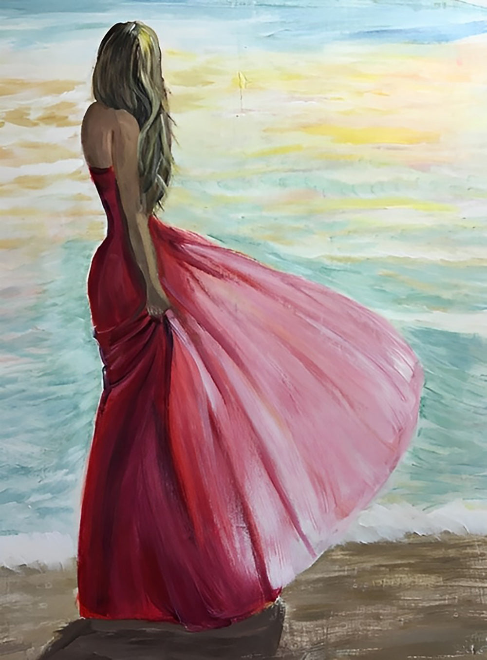 Rode Jurk Waait bij Zee Diamond Painting