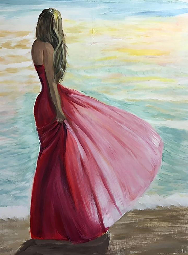 Rode Jurk Waait bij Zee Diamond Painting
