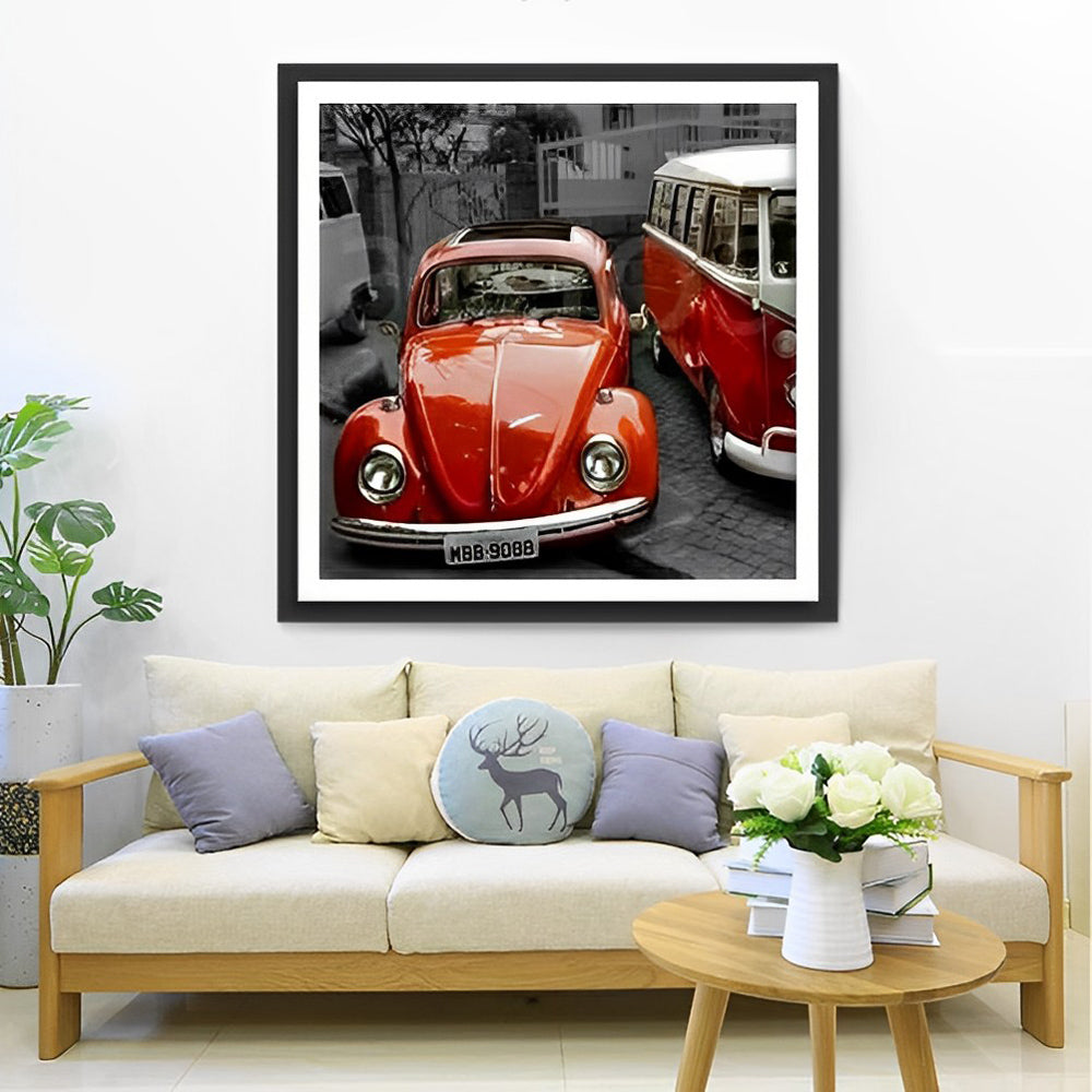 Rode Kever en Rood-Witte Bus Diamond Painting