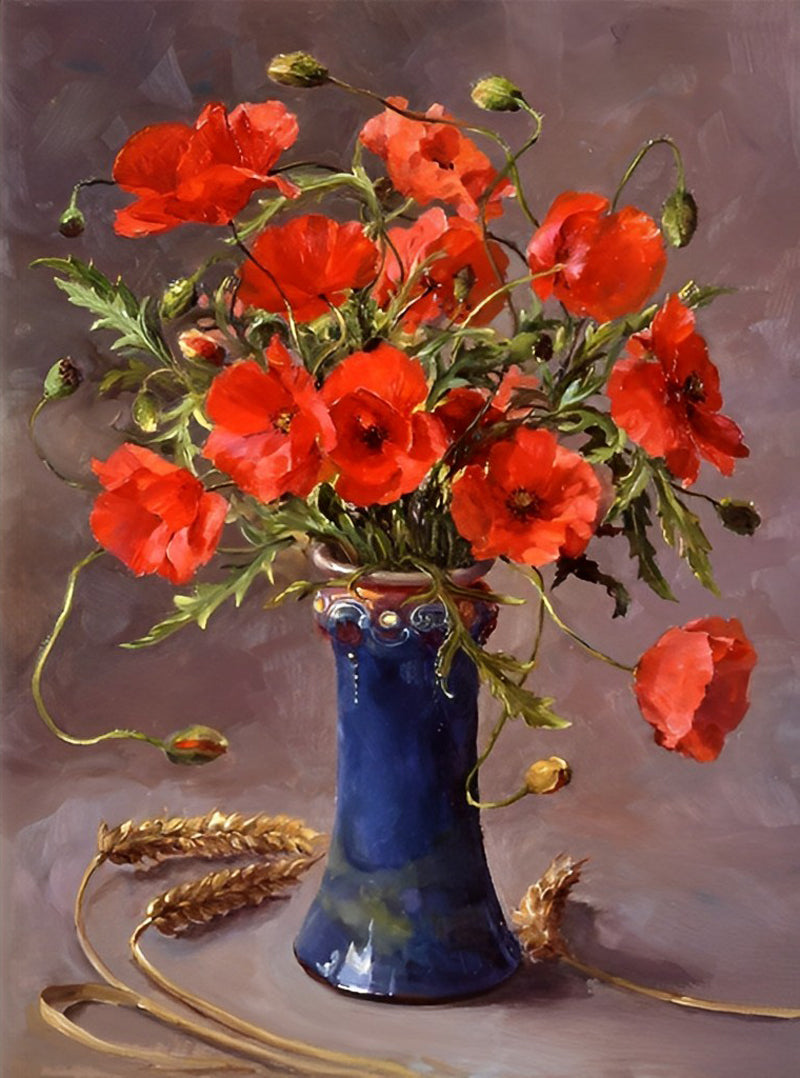 Rode Klaprozen in Blauwe Siervaas Diamond Painting