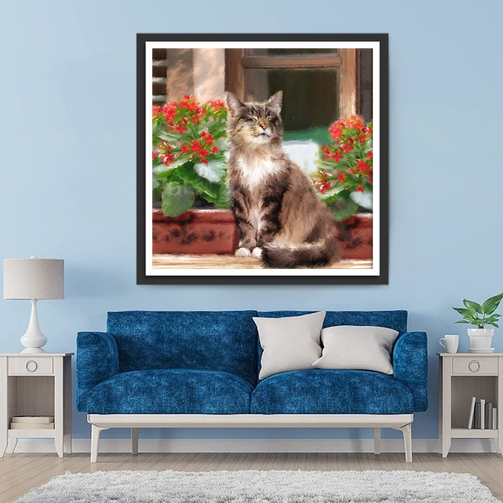 Rode Potbloemen en Kat voor het Raam Diamond Painting