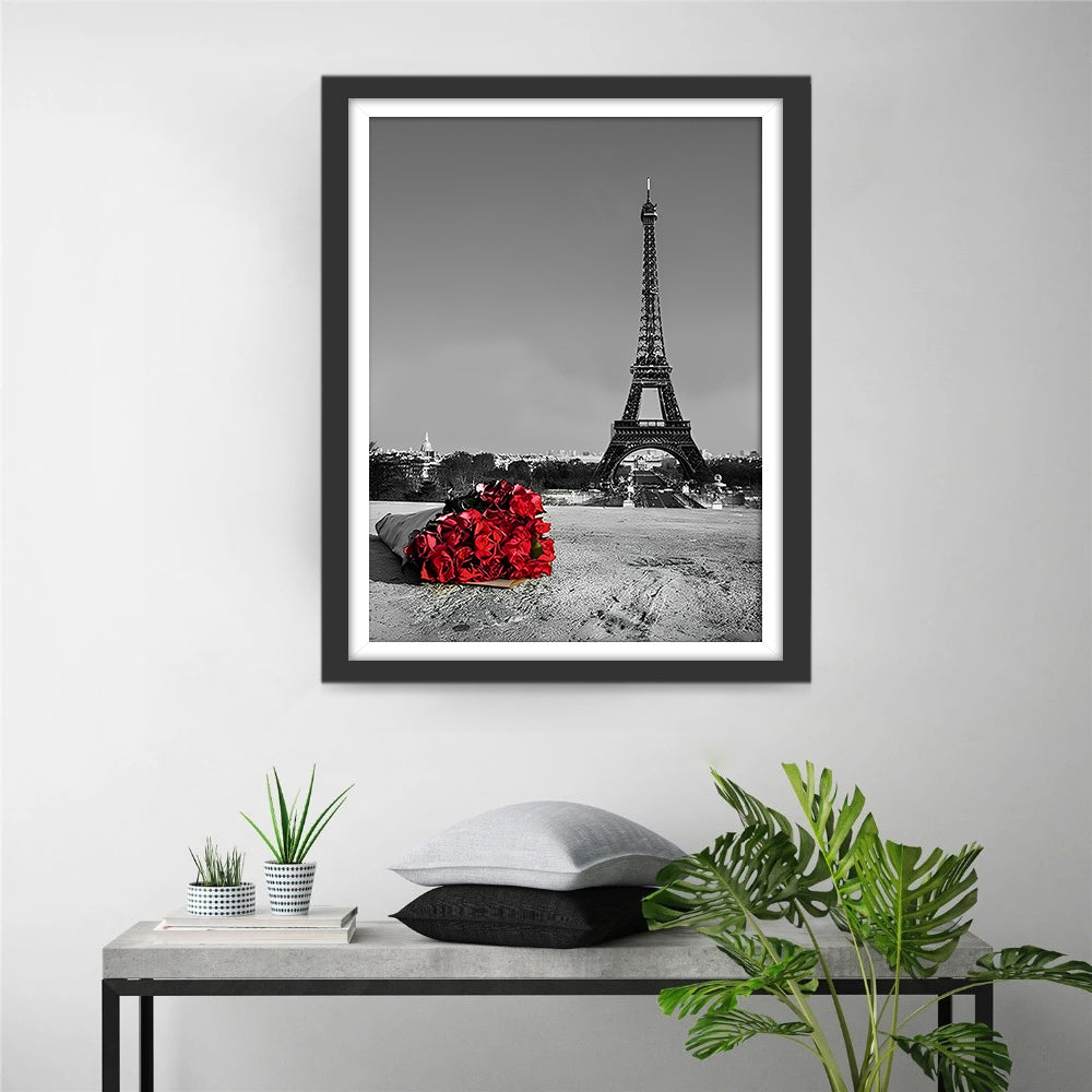 Rode Rozen en de Eiffeltoren in Een Beeld Diamond Painting