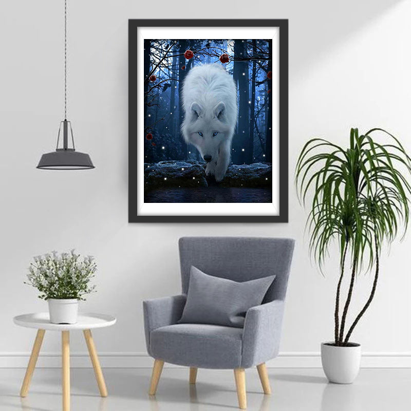 Rode Rozen en een Witte Wolf Diamond Painting