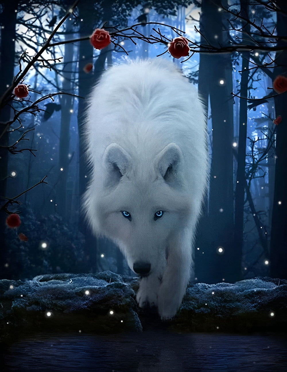 Rode Rozen en een Witte Wolf Diamond Painting