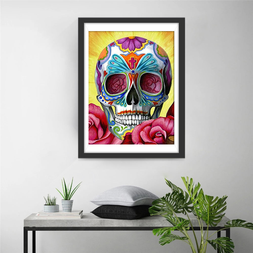 Rode Rozen om de Prachtig Versierde Schedel Diamond Painting