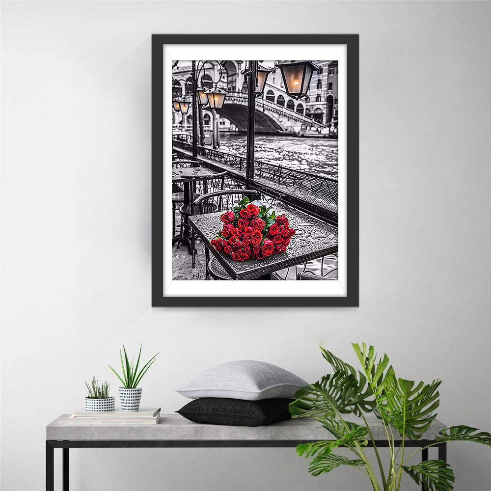 Rode Rozen op Tafel bij de Gracht met Rialtobrug Diamond Painting