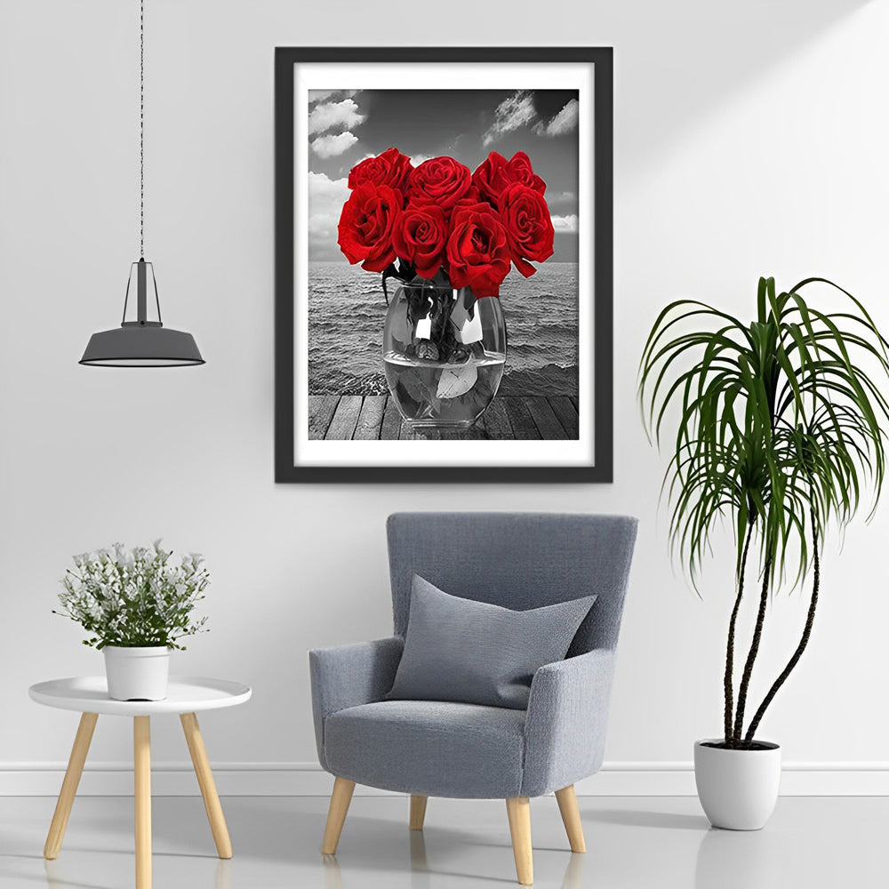 Rode Rozen op Zwart-witte Achtergrond Diamond Painting