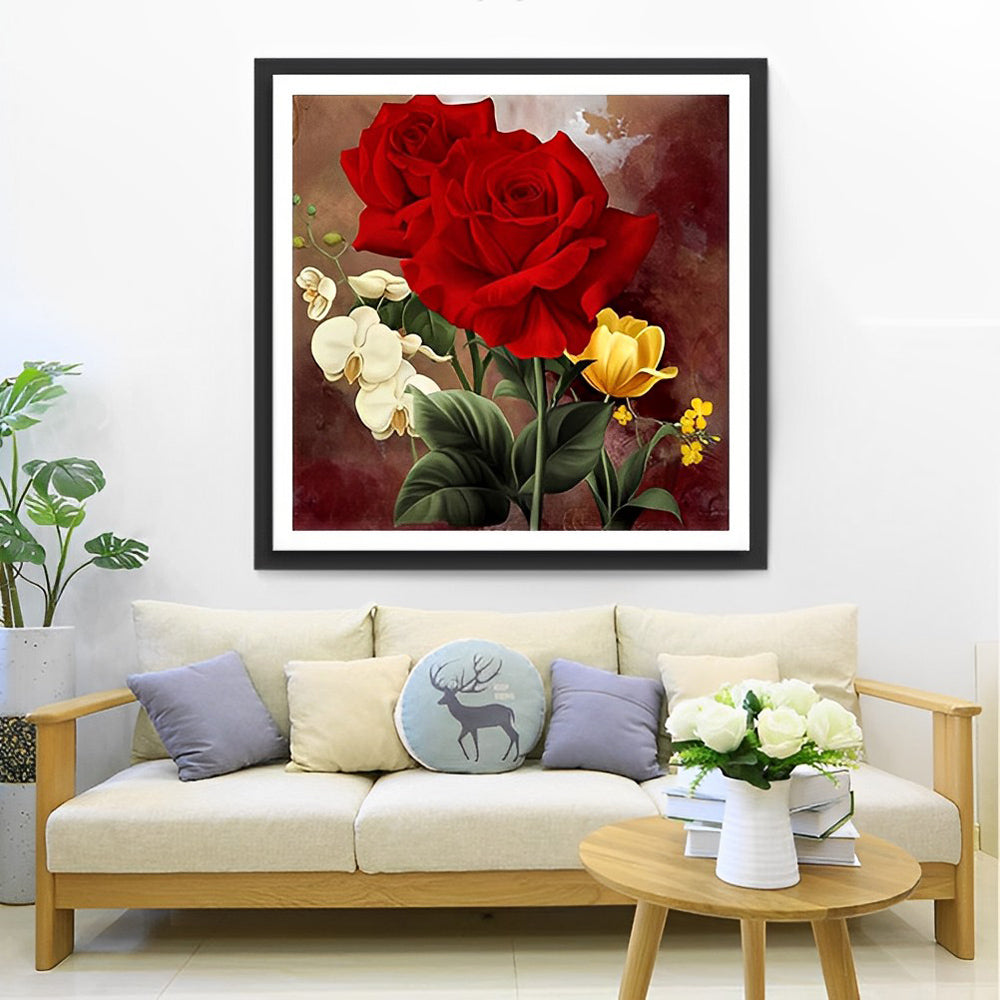 Rode Rozen, Witte Orchideeën en Gele Tulpjes Diamond Painting