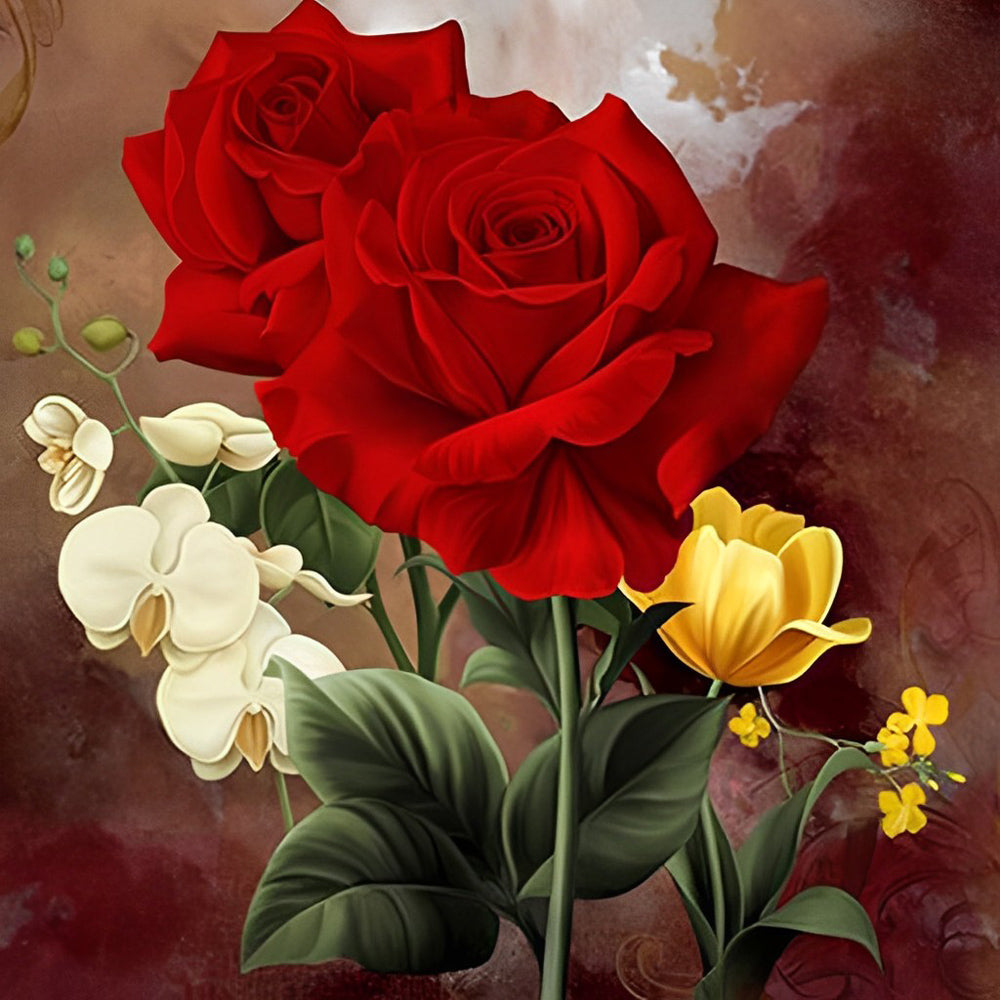 Rode Rozen, Witte Orchideeën en Gele Tulpjes Diamond Painting