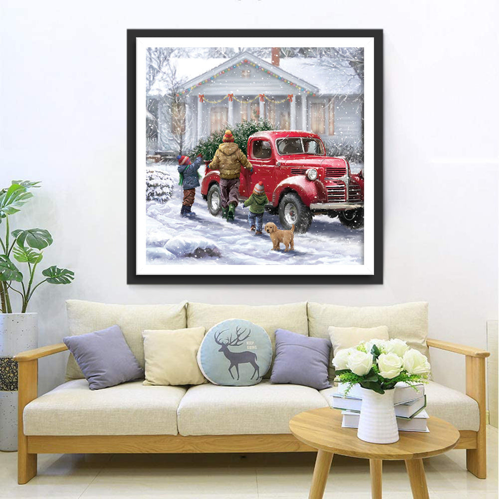 Rode Truck, Gezellig Gezin en Sneeuw Diamond Painting