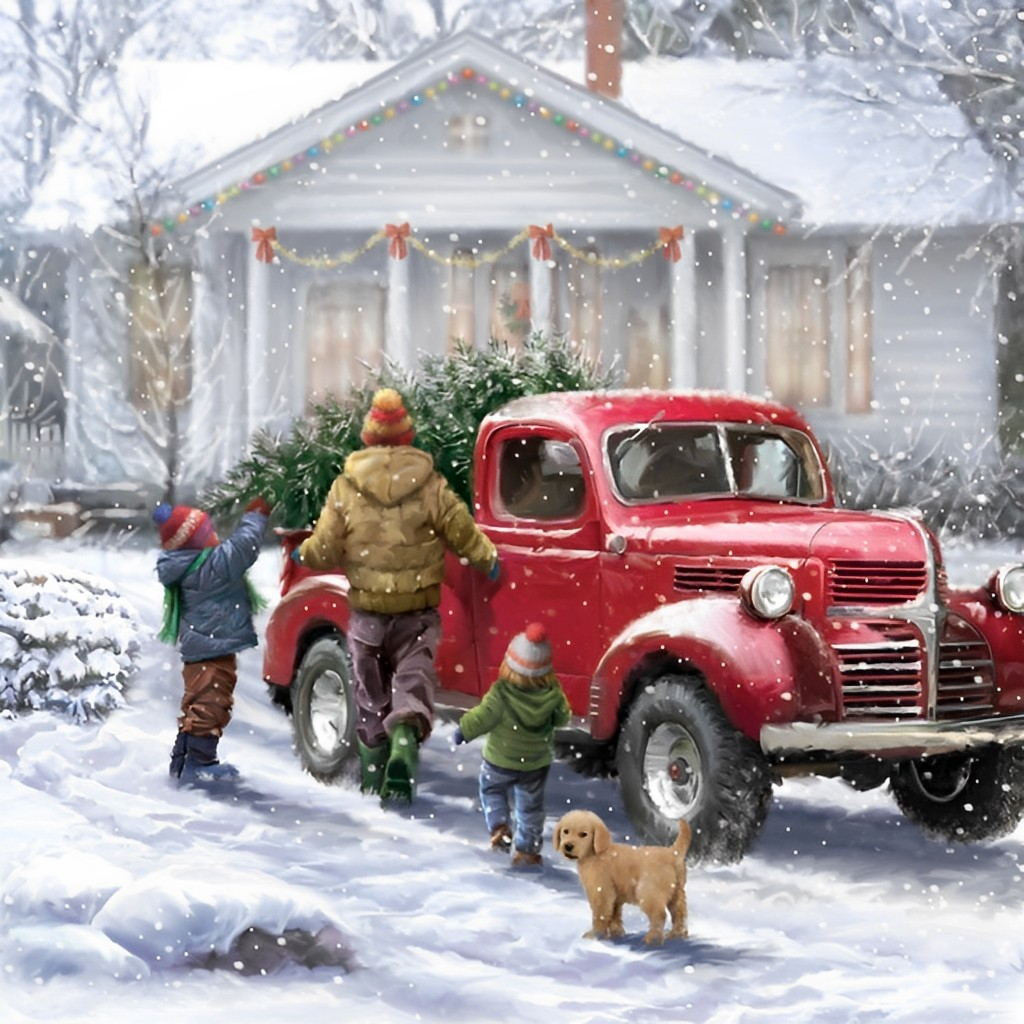 Rode Truck, Gezellig Gezin en Sneeuw Diamond Painting