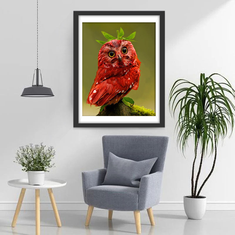 Rode Uil met Groene Bladeren Diamond Painting