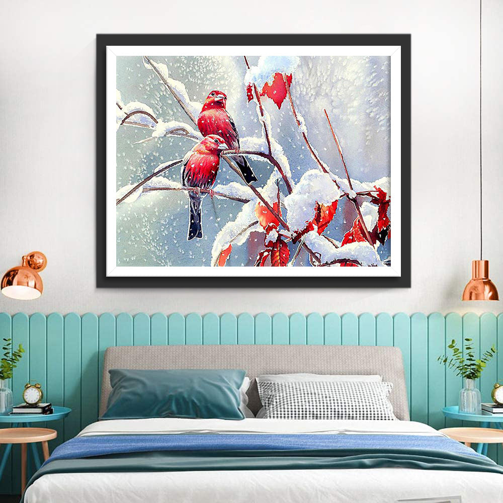 Rode Vogels op de Takken op een Besneeuwde Dag Diamond Painting