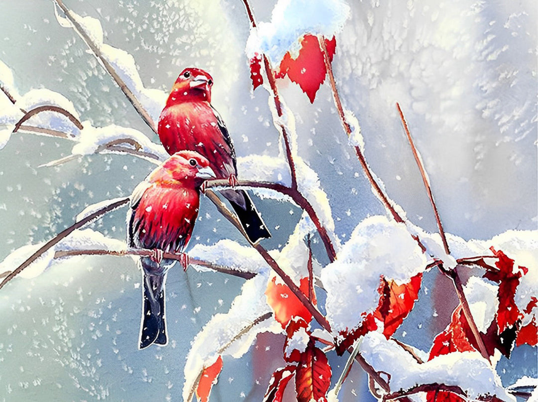 Rode Vogels op de Takken op een Besneeuwde Dag Diamond Painting