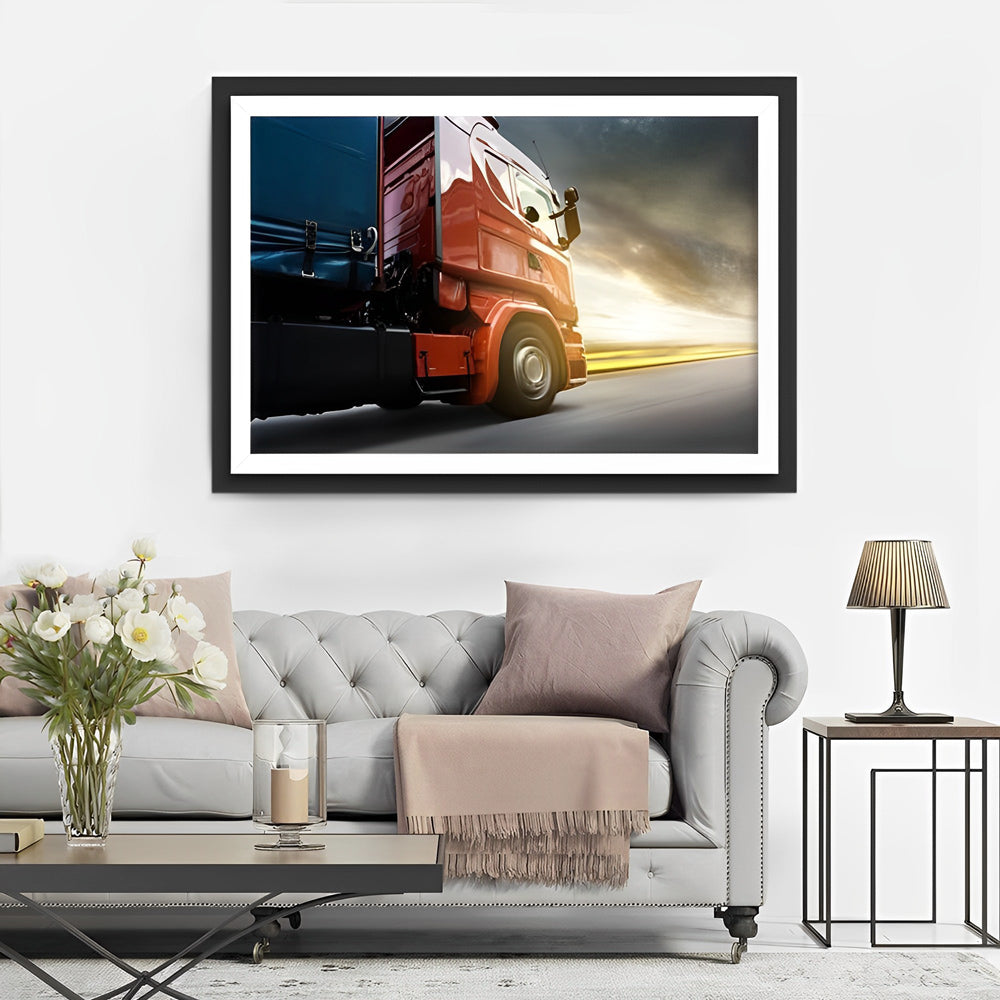 Rode Vrachtwagen op Snelweg bij Zonsopgang Diamond Painting