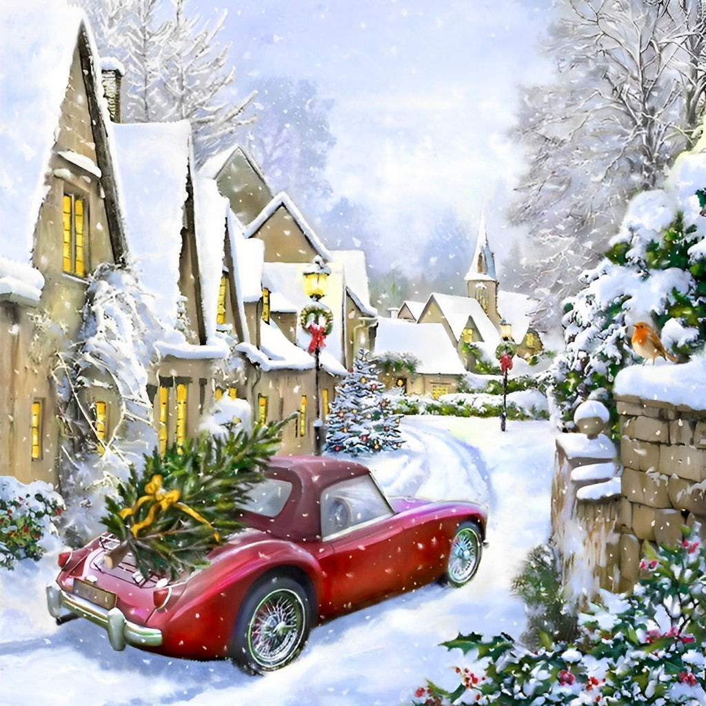 Rode Wagen in Sneeuwdorp Diamond Painting