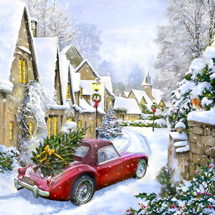 Rode Wagen in Sneeuwdorp Diamond Painting