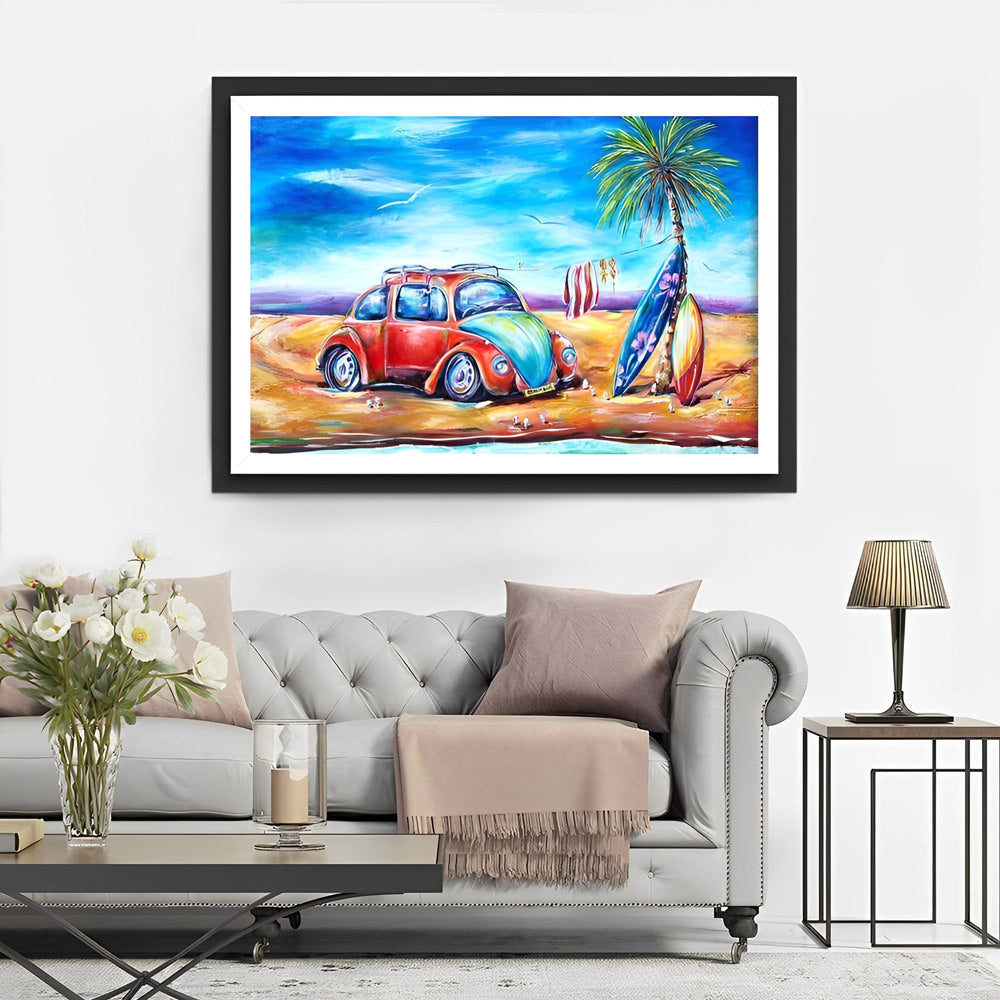 Rode Wagen met Surfboards Naast Palmboom aan Zee Diamond Painting