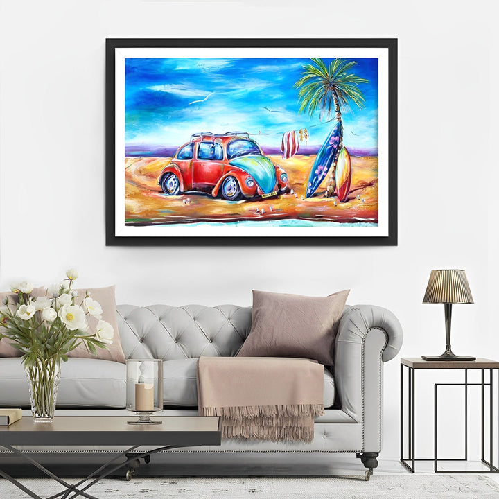 Rode Wagen met Surfboards Naast Palmboom aan Zee Diamond Painting
