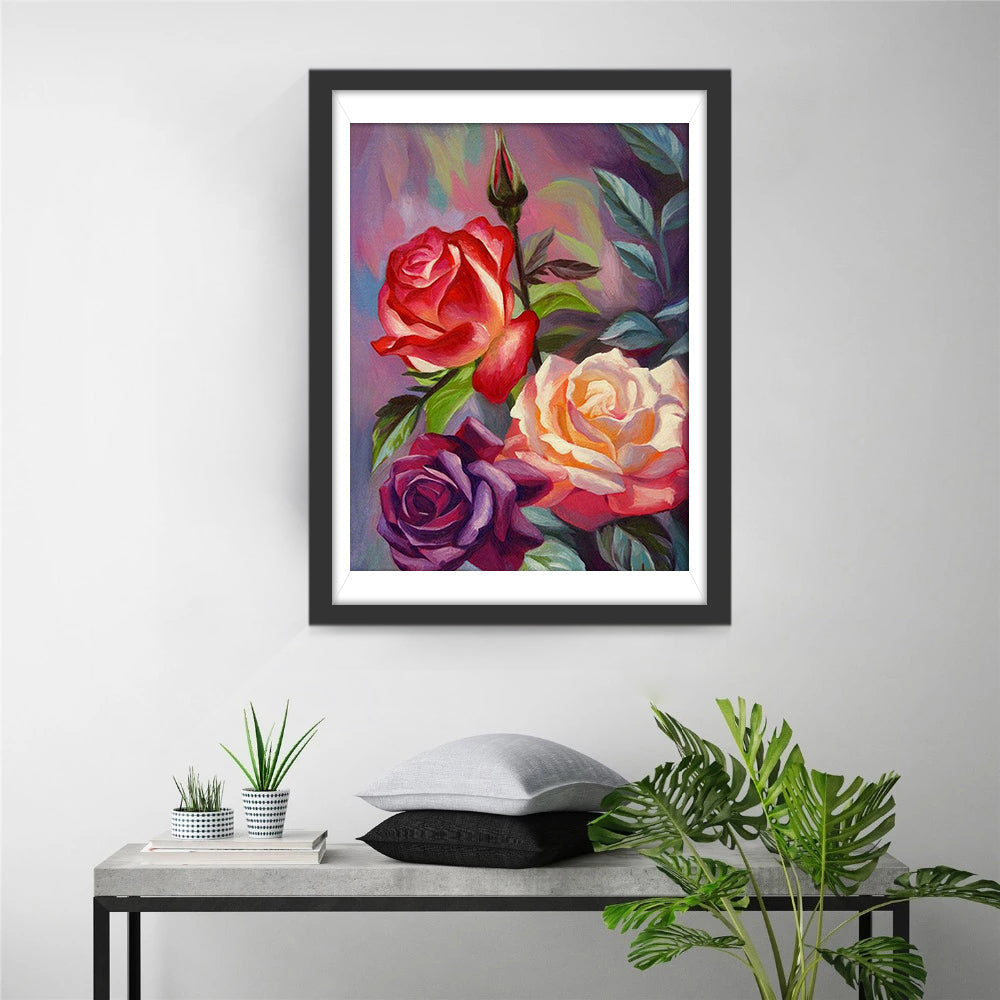 Rode, Witte en Paarse Rozen Diamond Painting