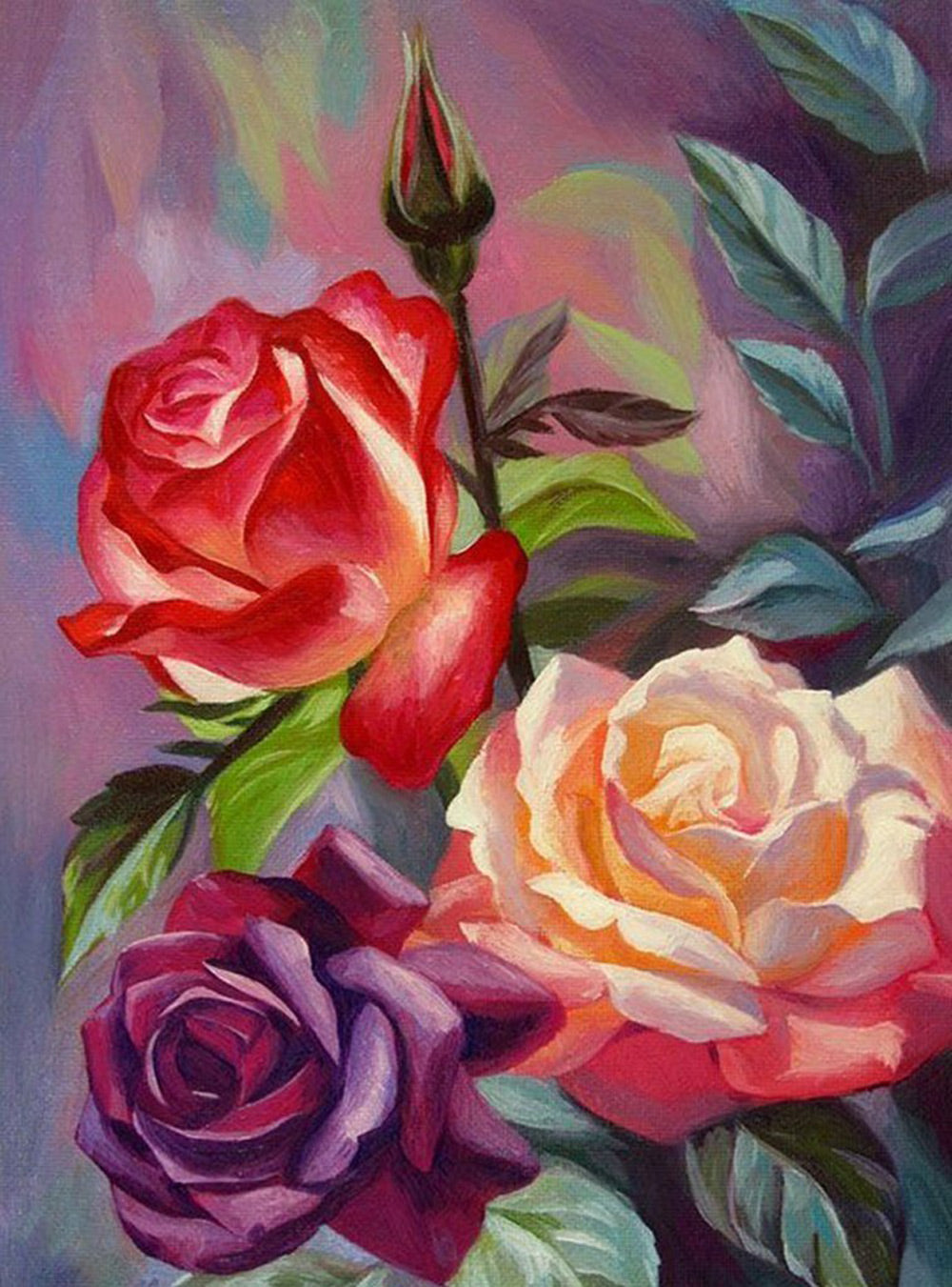 Rode, Witte en Paarse Rozen Diamond Painting