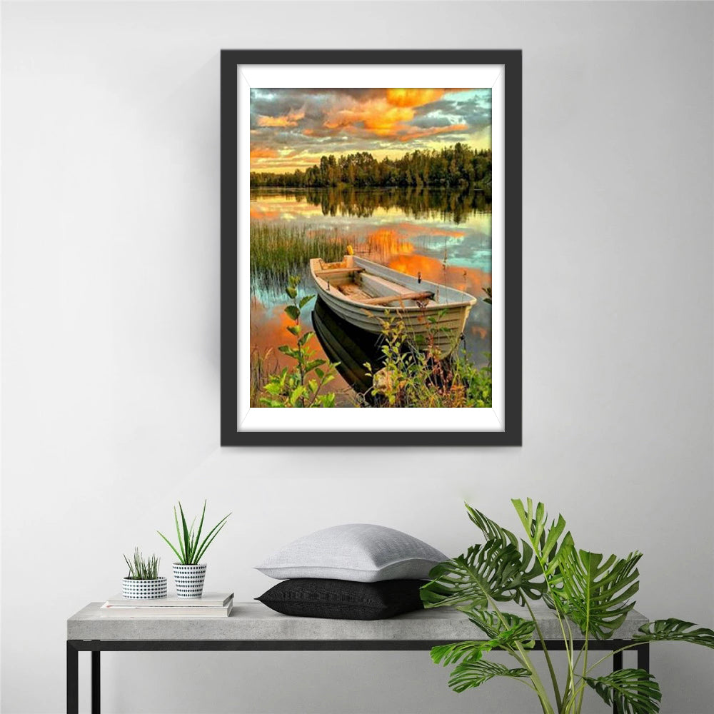Roeibootje aan de Oever bij Zonsondergang Diamond Painting