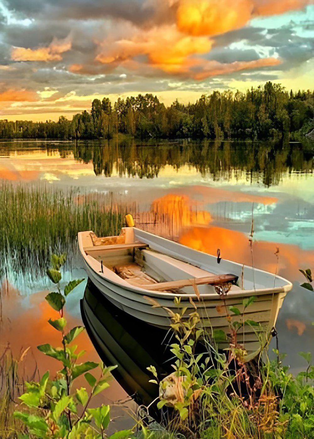 Roeibootje aan de Oever bij Zonsondergang Diamond Painting