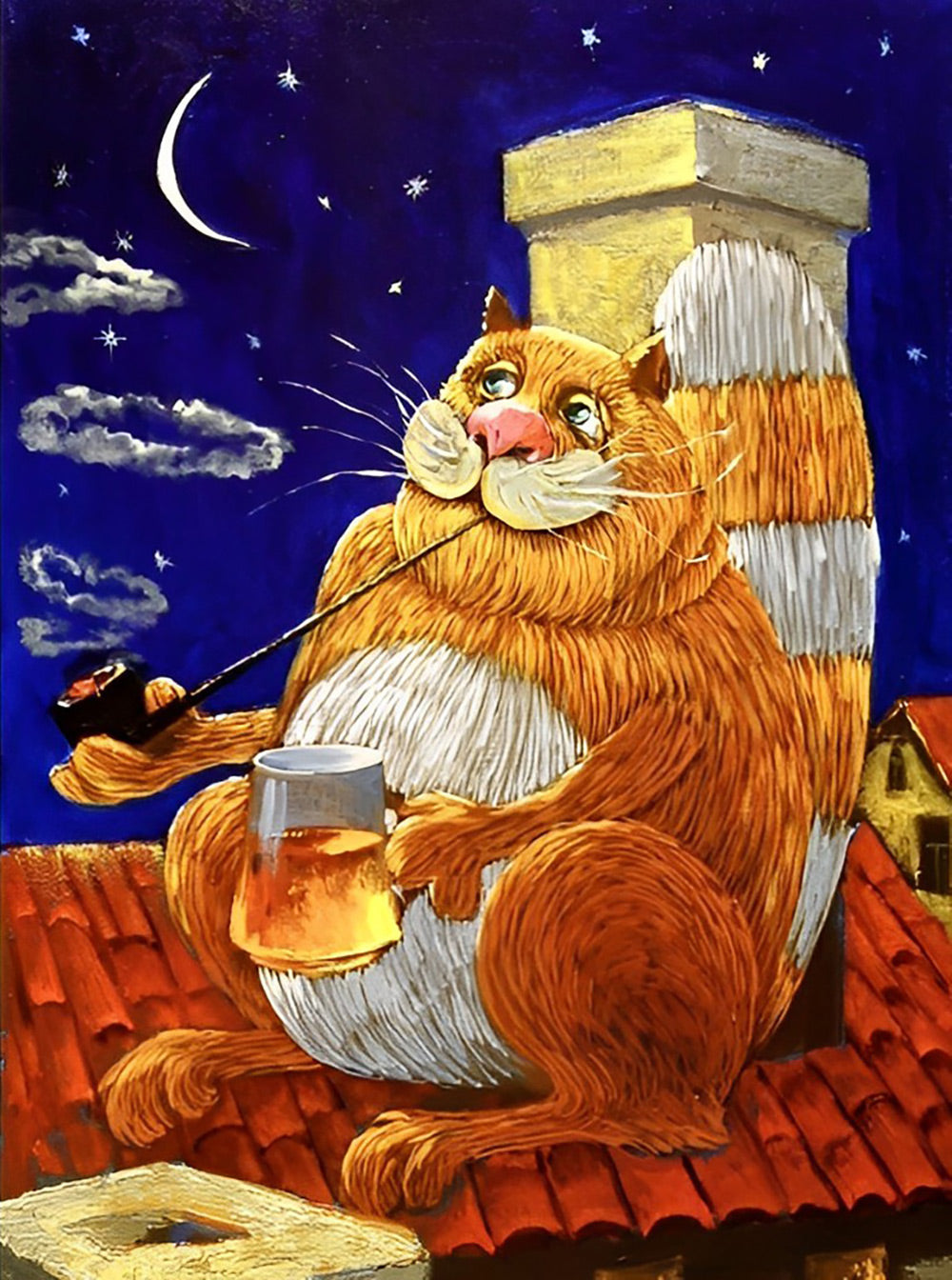 Rokende en Drinkende Kat op het Dak Diamond Painting