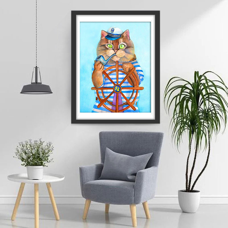Rokende Kat in Marineblauw Pak Diamond Painting
