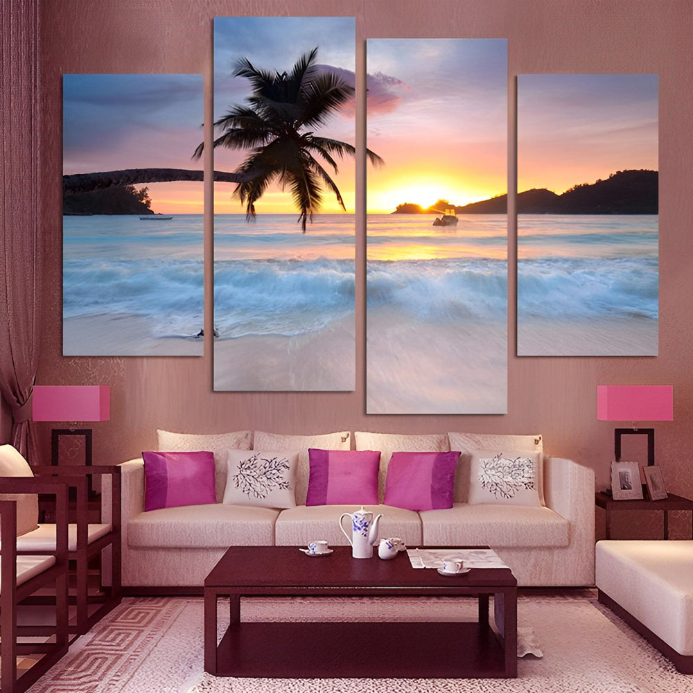 Romantisch Tropisch Tafereel van Zonsondergang Bij Zee 4 Platen Diamond Painting