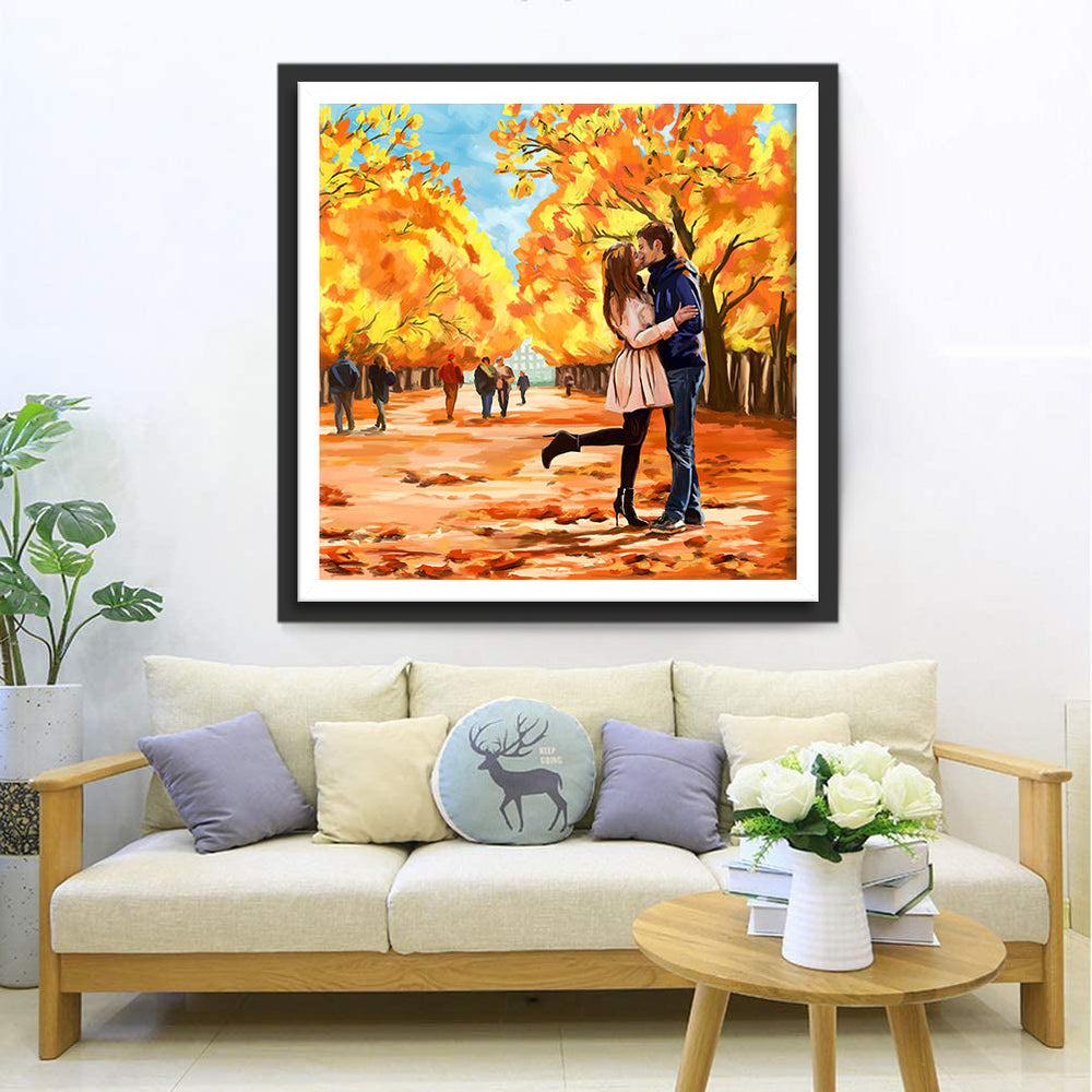 Romantische Kus in het Herfstbos Diamond Painting