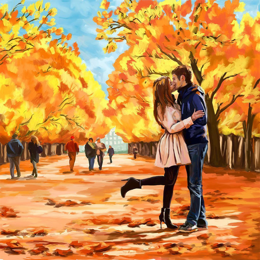 Romantische Kus in het Herfstbos Diamond Painting