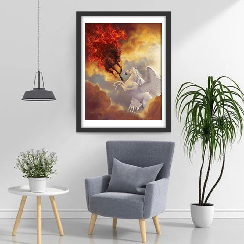 Rood Vlammend Paard en Wit Gevleugeld Paard Diamond Painting