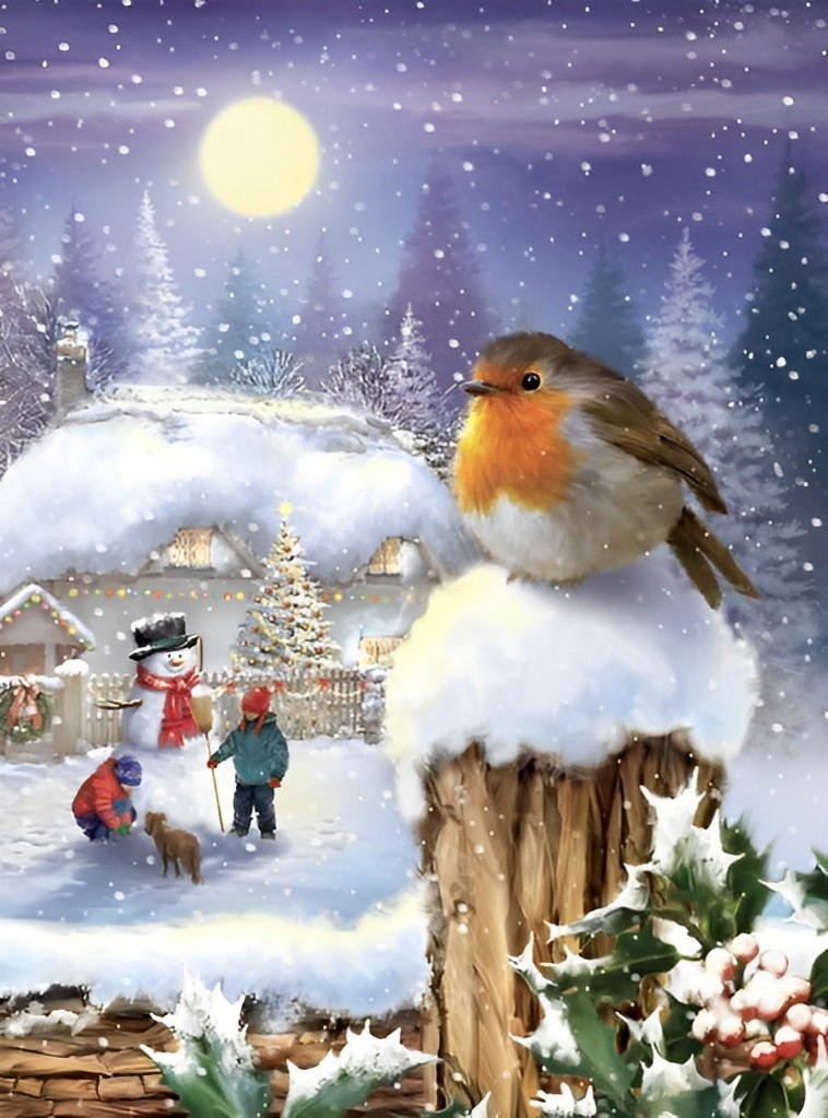 Roodborstje, Sneeuwpop en Kerstboom Diamond Painting